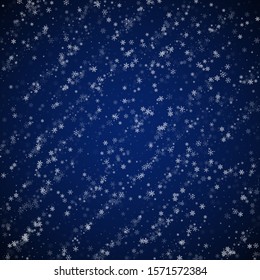 Beautiful snowfall Christmas background. Subtle flying snow flakes and stars on dark blue night background. Adorable winter silver snowflake overlay template. Unique vector illustration.