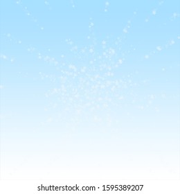 Beautiful snowfall Christmas background. Subtle flying snow flakes and stars on winter sky background. Authentic winter silver snowflake overlay template. Overwhelming vector illustration.