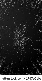 Hermoso fondo navideño de nevadas. Sutiles copos de nieve volando y estrellas de fondo negro. Funda de capa superpuesta de copos de nieve de plata de invierno. Impresionante ilustración vertical.