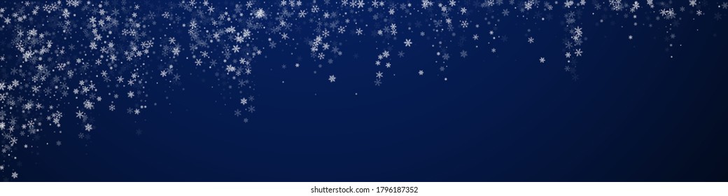 Beautiful snowfall Christmas background. Subtle flying snow flakes and stars on dark blue background. Bold winter silver snowflake overlay template. Beautiful panoramic illustration.