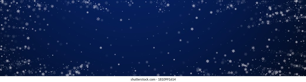 Beautiful snowfall Christmas background. Subtle flying snow flakes and stars on dark blue background. Captivating winter silver snowflake overlay template. Bold panoramic illustration.