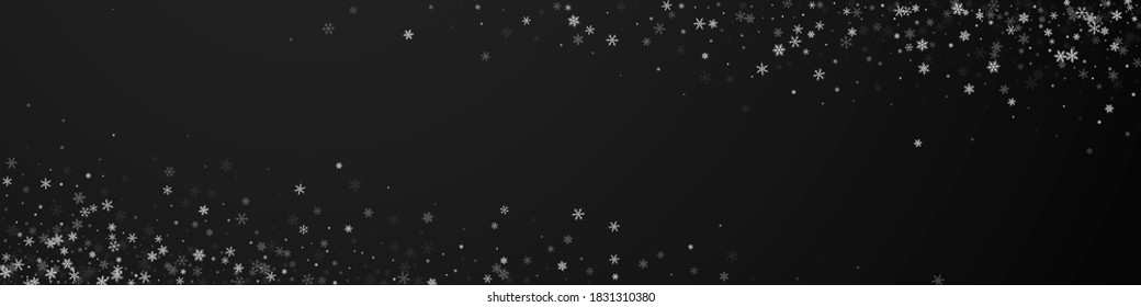 Beautiful Snowfall Christmas Background. Subtle Flying Snow Flakes And Stars On Black Background. Bizarre Winter Silver Snowflake Overlay Template. Surprising Panoramic Illustration.