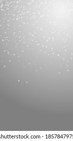 Hermoso fondo navideño de nevadas. Sutiles copos de nieve volando y estrellas de fondo gris. Atractiva plantilla de superposición de copos de nieve de plata de invierno. Fabulosa ilustración vertical.