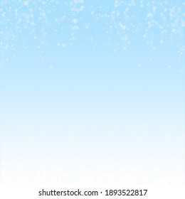 Beautiful snowfall Christmas background. Subtle flying snow flakes and stars on winter sky background. Awesome winter silver snowflake overlay template. Attractive vector illustration.