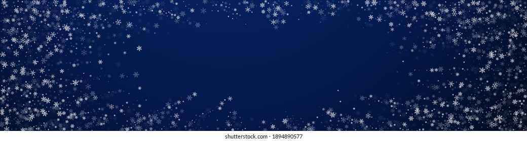 Beautiful snowfall Christmas background. Subtle flying snow flakes and stars on dark blue background. Captivating winter silver snowflake overlay template. Extra panoramic illustration.
