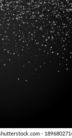 Hermoso fondo navideño de nevadas. Sutiles copos de nieve volando y estrellas de fondo negro. Atractiva plantilla de superposición de copos de nieve de plata de invierno. Ilustración vertical adicional.