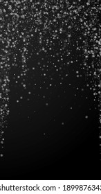Beautiful snowfall Christmas background. Subtle flying snow flakes and stars on black background. Alluring winter silver snowflake overlay template. Charming vertical illustration.