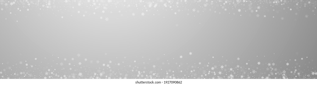 Beautiful snowfall Christmas background. Subtle flying snow flakes and stars on grey background. Bizarre winter silver snowflake overlay template. Good-looking panoramic illustration.