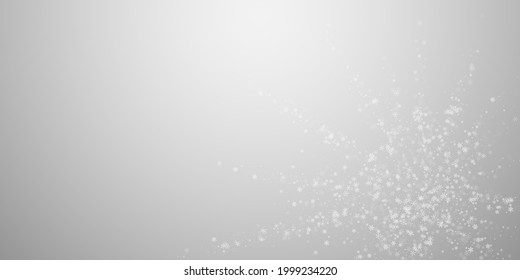 Beautiful snowfall Christmas background. Subtle flying snow flakes and stars on light grey background. Artistic winter silver snowflake overlay template. Positive vector illustration.