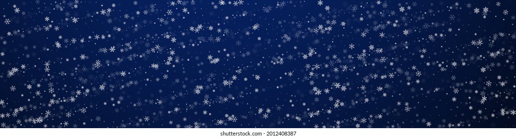 Beautiful snowfall Christmas background. Subtle flying snow flakes and stars on dark blue background. Bold winter silver snowflake overlay template. Exceptional panoramic illustration.
