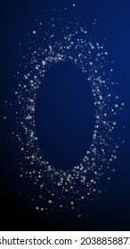 Beautiful snowfall Christmas background. Subtle flying snow flakes and stars on dark blue background. Admirable winter silver snowflake overlay template. Bizarre vertical illustration.