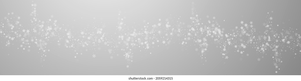 Beautiful snowfall Christmas background. Subtle flying snow flakes and stars on grey background. Bold winter silver snowflake overlay template. Worthy panoramic illustration.