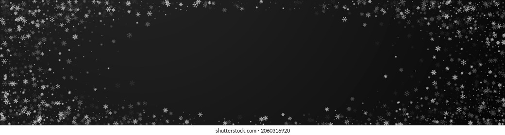 Beautiful snowfall Christmas background. Subtle flying snow flakes and stars on black background. Brilliant winter silver snowflake overlay template. Terrific panoramic illustration.