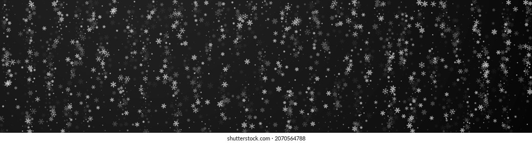 Beautiful snowfall Christmas background. Subtle flying snow flakes and stars on black background. Bold winter silver snowflake overlay template. Indelible panoramic illustration.