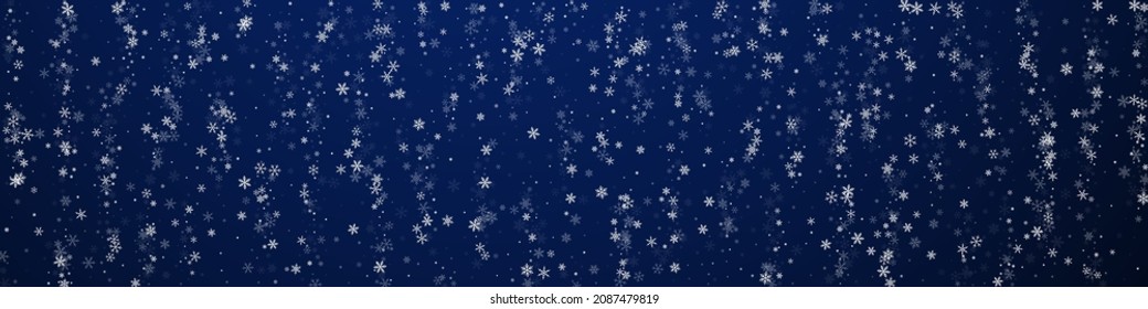 Beautiful snowfall Christmas background. Subtle flying snow flakes and stars on dark blue background. Bold winter silver snowflake overlay template. Interesting panoramic illustration.