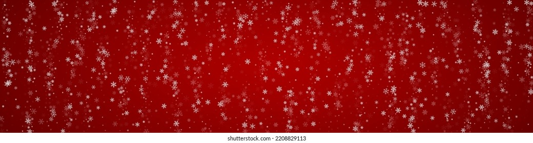 Beautiful snowfall christmas background. Subtle flying snow flakes and stars on christmas red background. Beautiful snowfall overlay template. Panoramic vector illustration.