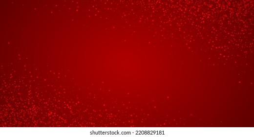 Beautiful snowfall christmas background. Subtle flying snow flakes and stars on christmas red background. Beautiful snowfall overlay template. Wide vector illustration.