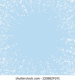 Beautiful snowfall christmas background. Subtle flying snow flakes and stars on light blue winter backdrop. Beautiful snowfall overlay template. Square vector illustration.