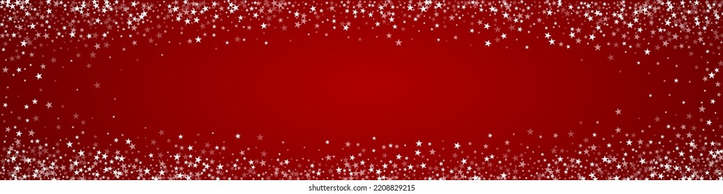 Beautiful snowfall christmas background. Subtle flying snow flakes and stars on christmas red background. Beautiful snowfall overlay template. Panoramic vector illustration.