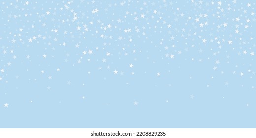 Hermoso fondo de navidad de nevadas. Sutiles copos de nieve volando y estrellas en el fondo azul claro del invierno. Hermosa plantilla de superposición de nevadas. Ilustración vectorial amplia.