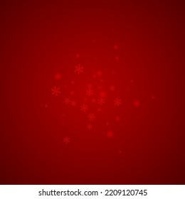 Beautiful snowfall christmas background. Subtle flying snow flakes and stars on christmas red background. Beautiful snowfall overlay template. Square vector illustration.
