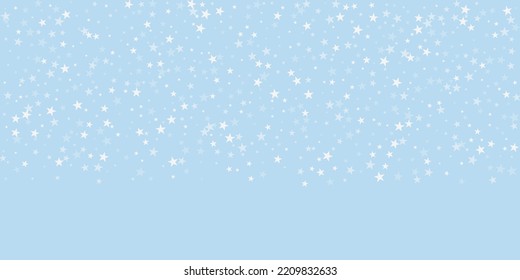Beautiful snowfall christmas background. Subtle flying snow flakes and stars on light blue winter backdrop. Beautiful snowfall overlay template. Wide vector illustration.