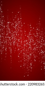 Beautiful snowfall christmas background. Subtle flying snow flakes and stars on christmas red background. Beautiful snowfall overlay template. Vertical vector illustration.