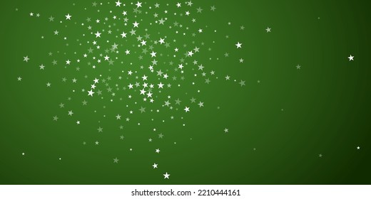 Beautiful snowfall christmas background. Subtle flying snow flakes and stars on christmas green background. Beautiful snowfall overlay template. Wide vector illustration.