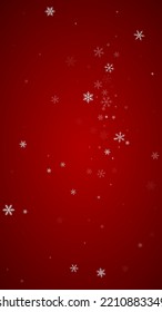 Schöner Schneefall-Weihnachtshintergrund. Subtile fliegende Schneeflocken und Sterne auf christlich-rotem Hintergrund. Schöne Schneefall-Overlay-Vorlage. Vertikale Vektorgrafik.