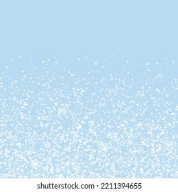 Beautiful snowfall christmas background. Subtle flying snow flakes and stars on light blue winter backdrop. Beautiful snowfall overlay template. Square vector illustration.
