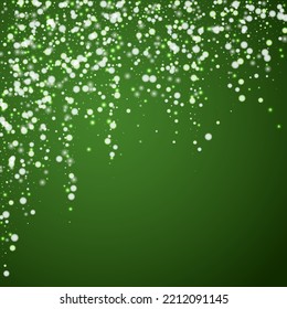 Beautiful snowfall christmas background. Subtle flying snow flakes and stars on christmas green background. Beautiful snowfall overlay template. Square vector illustration.