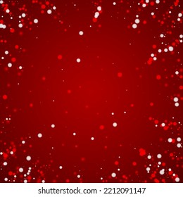 Beautiful snowfall christmas background. Subtle flying snow flakes and stars on christmas red background. Beautiful snowfall overlay template. Square vector illustration.