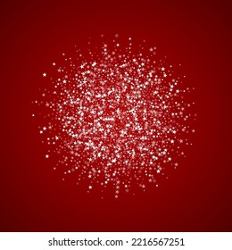 Beautiful snowfall christmas background. Subtle flying snow flakes and stars on christmas red background. Beautiful snowfall overlay template. Square vector illustration.