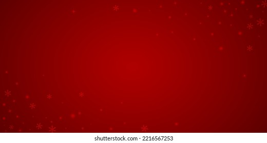 Beautiful snowfall christmas background. Subtle flying snow flakes and stars on christmas red background. Beautiful snowfall overlay template. Wide vector illustration.