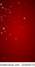 Beautiful snowfall christmas background. Subtle flying snow flakes and stars on christmas red background. Beautiful snowfall overlay template. Vertical vector illustration.