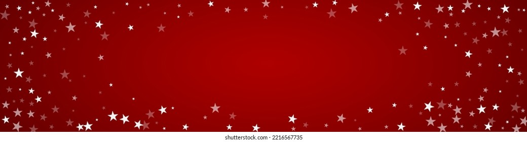 Beautiful snowfall christmas background. Subtle flying snow flakes and stars on christmas red background. Beautiful snowfall overlay template. Panoramic vector illustration.