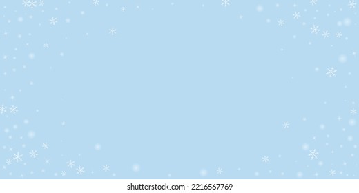 Beautiful snowfall christmas background. Subtle flying snow flakes and stars on light blue winter backdrop. Beautiful snowfall overlay template. Wide vector illustration.