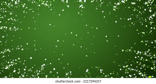 Beautiful snowfall christmas background. Subtle flying snow flakes and stars on christmas green background. Beautiful snowfall overlay template. Wide vector illustration.