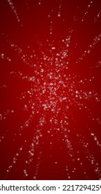 Beautiful snowfall christmas background. Subtle flying snow flakes and stars on christmas red background. Beautiful snowfall overlay template. Vertical vector illustration.