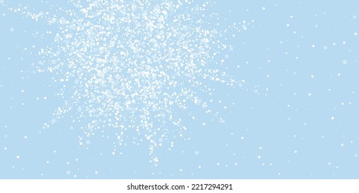 Beautiful snowfall christmas background. Subtle flying snow flakes and stars on light blue winter backdrop. Beautiful snowfall overlay template. Wide vector illustration.