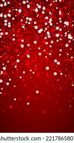 Beautiful snowfall christmas background. Subtle flying snow flakes and stars on christmas red background. Beautiful snowfall overlay template. Vertical vector illustration.