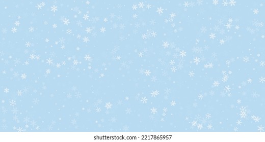 Hermoso fondo de navidad de nevadas. Sutiles copos de nieve volando y estrellas en el fondo azul claro del invierno. Hermosa plantilla de superposición de nevadas. Ilustración vectorial amplia.