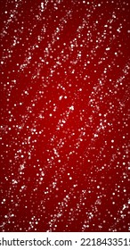 Hermoso fondo de navidad de nevadas. Sutiles copos de nieve volando y estrellas de fondo rojo navideño. Hermosa plantilla de superposición de nevadas. Ilustración vectorial vertical.