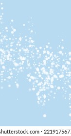 Beautiful snowfall christmas background. Subtle flying snow flakes and stars on light blue winter backdrop. Beautiful snowfall overlay template. Vertical vector illustration.