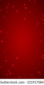Hermoso fondo de navidad de nevadas. Sutiles copos de nieve volando y estrellas de fondo rojo navideño. Hermosa plantilla de superposición de nevadas. Ilustración vectorial vertical.