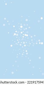 Beautiful snowfall christmas background. Subtle flying snow flakes and stars on light blue winter backdrop. Beautiful snowfall overlay template. Vertical vector illustration.