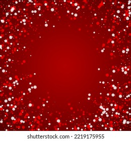 Beautiful snowfall christmas background. Subtle flying snow flakes and stars on christmas red background. Beautiful snowfall overlay template. Square vector illustration.