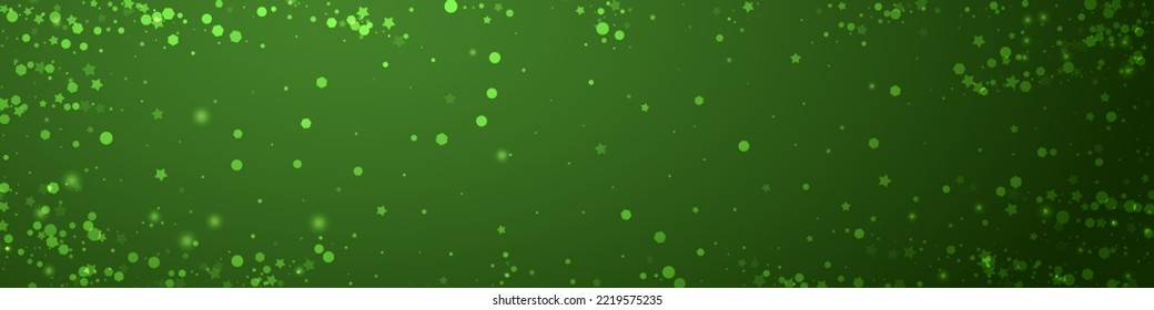 Hermoso fondo de navidad de nevadas. Sutiles copos de nieve volando y estrellas sobre fondo verde navideño. Hermosa plantilla de superposición de nevadas. Ilustración de vector panorámica.