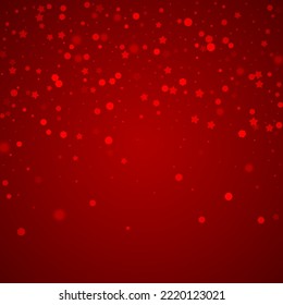 Beautiful snowfall christmas background. Subtle flying snow flakes and stars on christmas red background. Beautiful snowfall overlay template. Square vector illustration.