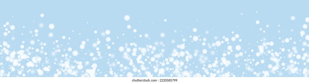Hermoso fondo de navidad de nevadas. Sutiles copos de nieve volando y estrellas en el fondo azul claro del invierno. Hermosa plantilla de superposición de nevadas. Ilustración de vector panorámica.